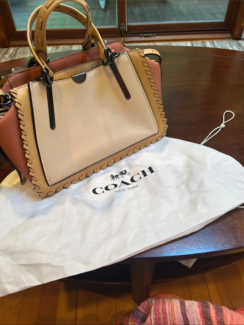 Coach Two-Tone Cream and Pink Leather Satchel with Contrast Trim